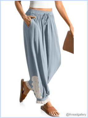 Linen Blend Harem Pants with Lace Trim